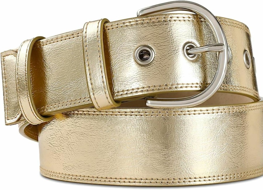 RISANTRY Women Casual Leather Gold Belt For Jeans Pants, Fashion Ladies Girls Gold Leather Waist Belt | Belts