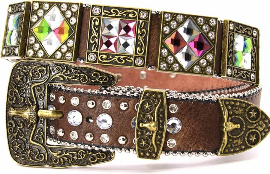 West Star Texas Genuine Leather Belt For Women & Cowboy Big Rhinestone With Engraved Buckle Country Style | Belts