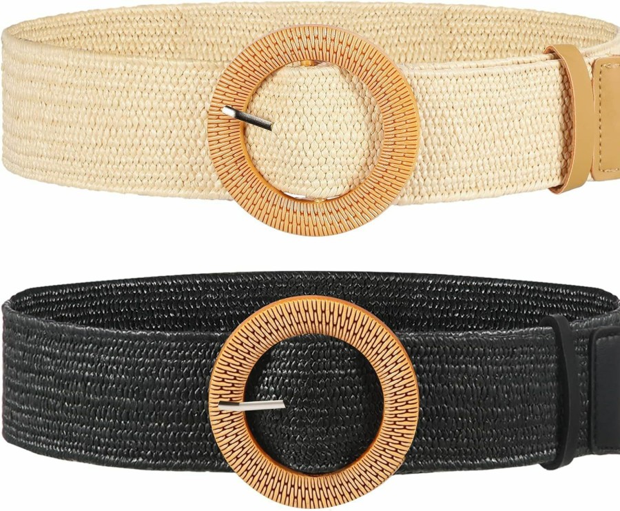 SATINIOR 2 Pieces Women Straw Woven Elastic Stretch Waist Belt Skinny Dress Braided Waist Belt With Wooden Style Buckle | Belts