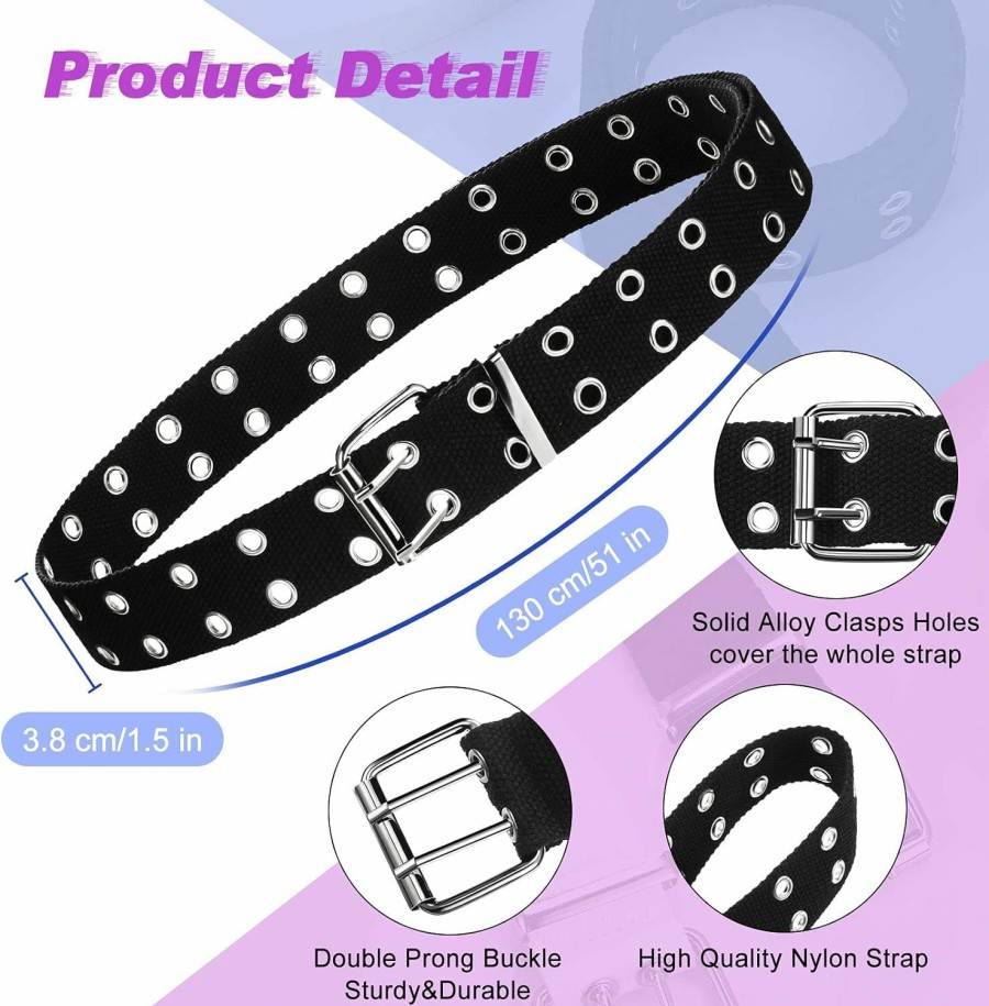 Geyoga Geyoga 2 Pieces Double Grommet Canvas Belts Two-Hole Jeans Vintage Buckle Punk Belts For Men And Women | Belts