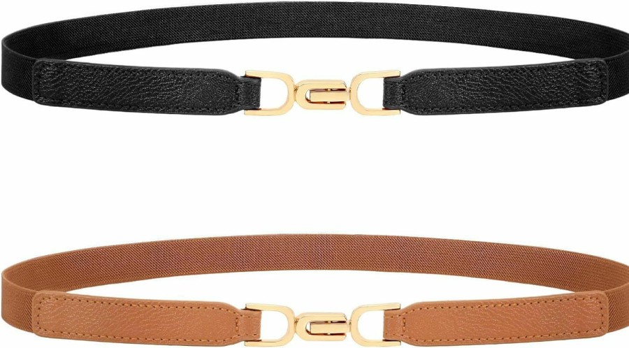 XZQTIVE Xzqtive Women Stretchy Skinny Belt For Dresses Thin Retro Elastic Waist Belt With Gold Buckle For Plus Size Ladies Set Of 2 | Belts