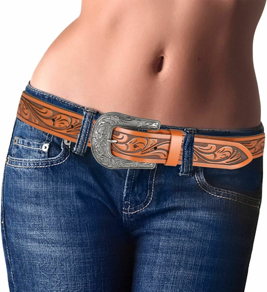 Ssumday Western Belts For Women,1.5" Leather Cowgirl Belt For Jeans Pants With Big Vintage Silver Buckle | Belts