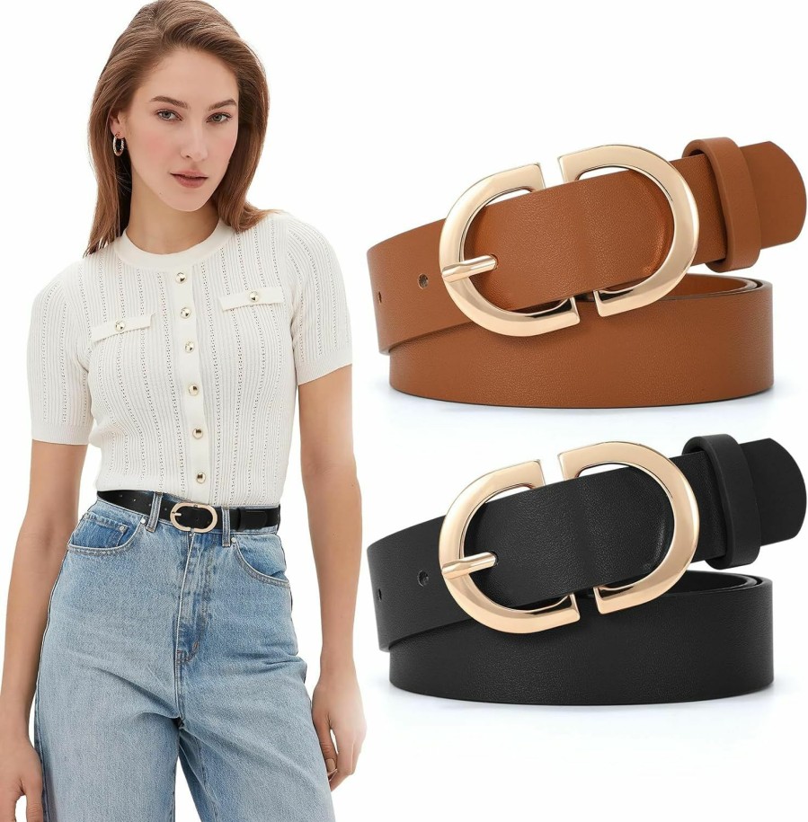 JASGOOD Jasgood 2 Pack Women Leather Belts Plus Size For Jeans Pants Fashion Dresses Ladies Belt With Gold Buckle | Belts