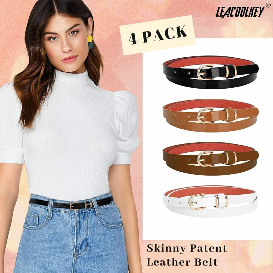 LEACOOLKEY Leacoolkey 4 Pack Skinny Leather Belt For Women Dress Thin Waist Belt With Gold Buckle For Jeans | Belts