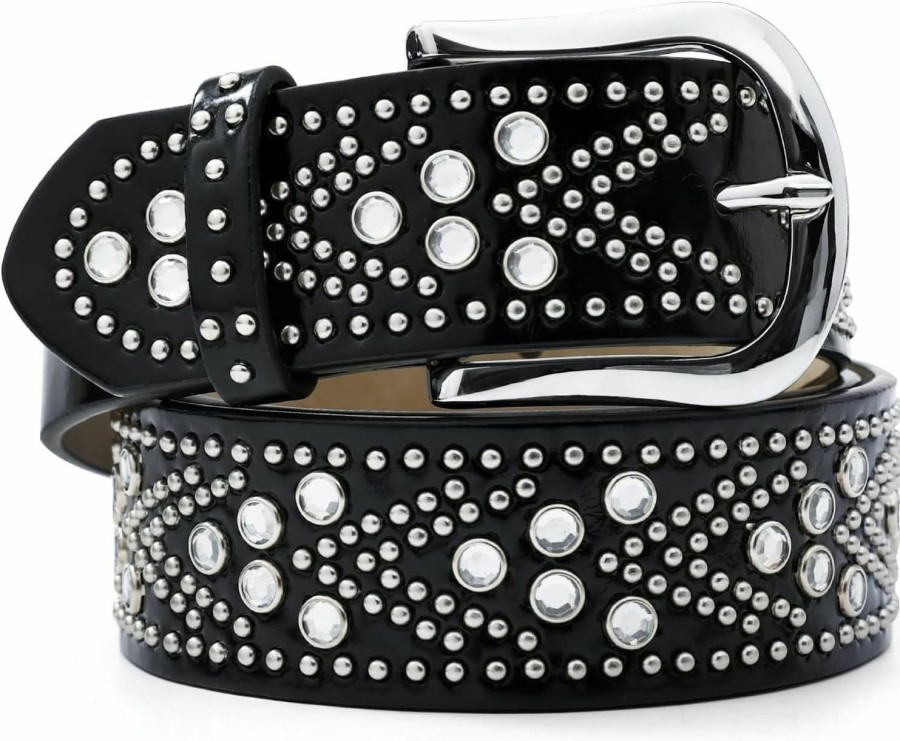 RISANTRY Rhinestone Belt For Women Western Cowgirl Silver Studs Black Leather Belts For Jeans Pants Y2K Bling Belts | Belts