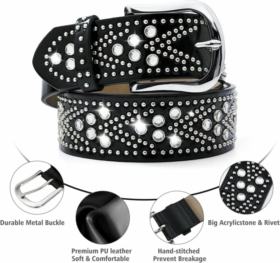 RISANTRY Rhinestone Belt For Women Western Cowgirl Silver Studs Black Leather Belts For Jeans Pants Y2K Bling Belts | Belts