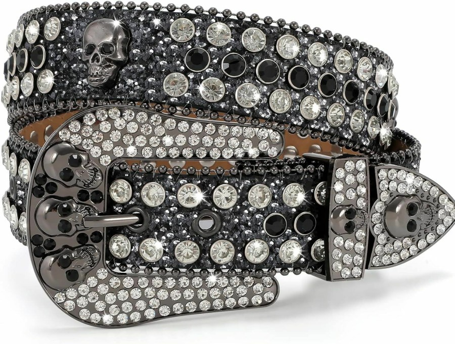 WHIPPY Whippy Rhinestones Belt For Men Women, Skulls Western Leather Belt Wide Buckle Shining Cowgirl Cowboy Studded Belts For Jeans | Belts