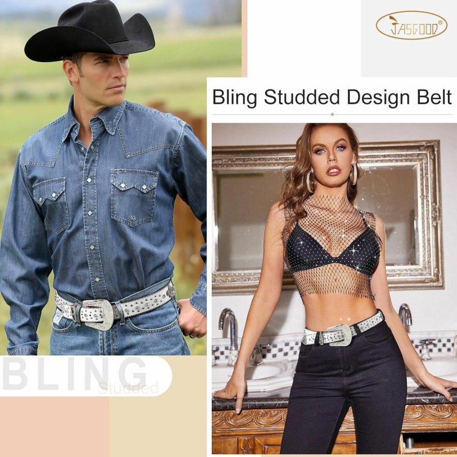 JASGOOD Jasgood Rhinestone Studded Belt For Men Women, Western Leather Belt For Cowgirl Cowboy Vintage Bling Belt For Pants Dress | Belts