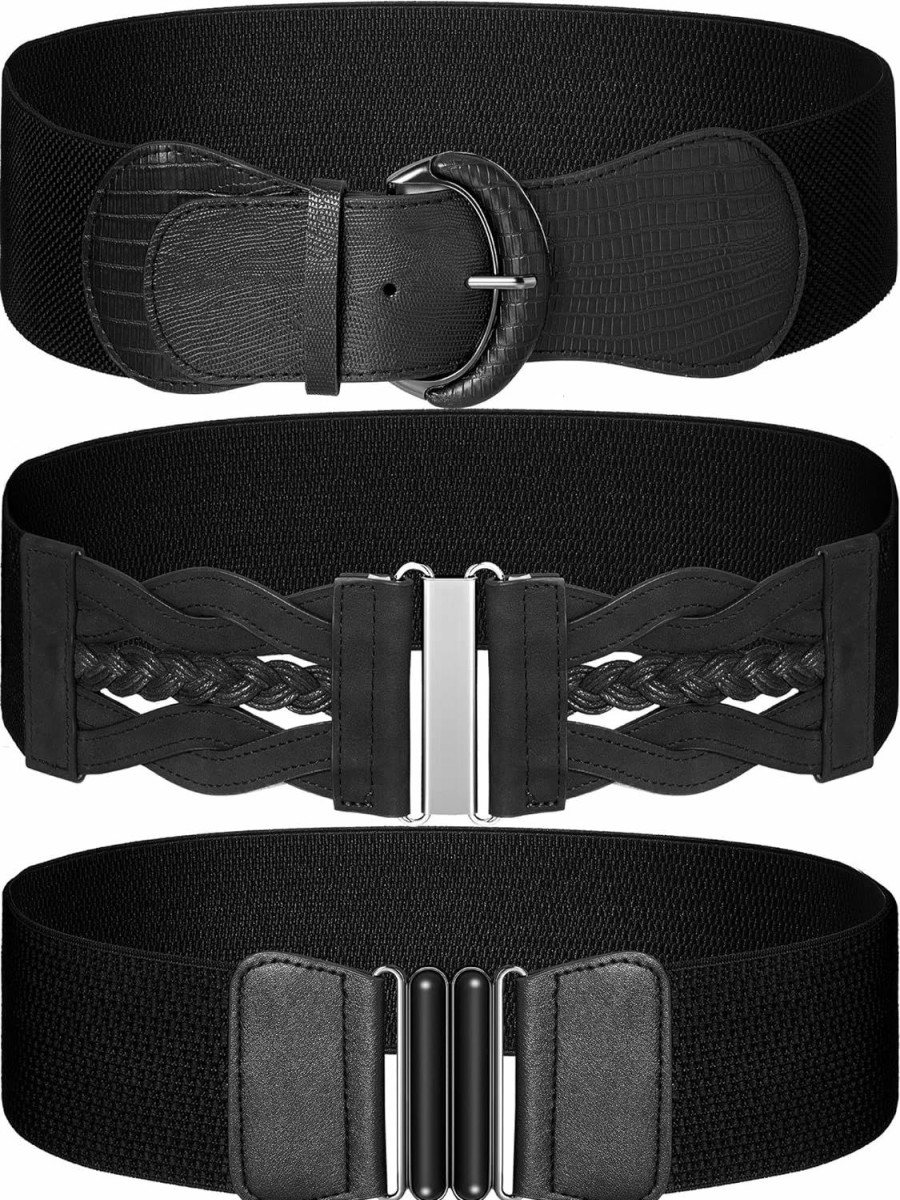 Geyoga Geyoga 3 Pack Women'S Wide Elastic Waist Belt For Dress Black Vintage Stretch Waistband Cinch Belt, 3 Styles, 28.7-37.0 In | Belts