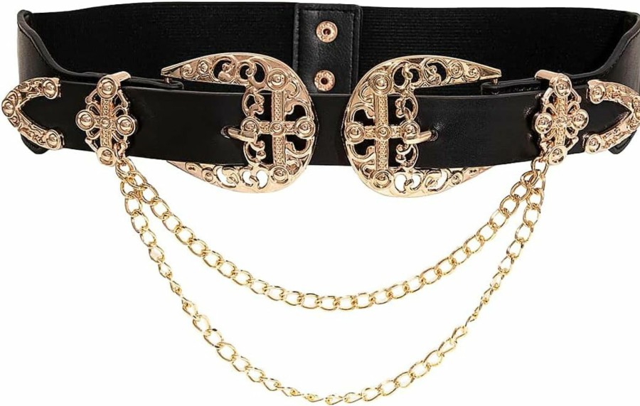 Verdusa Verdusa Women'S Double Buckle Chain Cowgirl Belts Leather Elastic Waist Belt | Belts