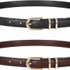 TRIWORKS 2 Pack Women Skinny Leather Belts For Jeans Pants Thin Faux Leather Belt With Gold Buckle | Belts