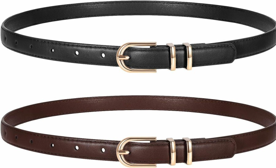 TRIWORKS 2 Pack Women Skinny Leather Belts For Jeans Pants Thin Faux Leather Belt With Gold Buckle | Belts