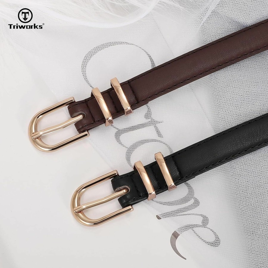 TRIWORKS 2 Pack Women Skinny Leather Belts For Jeans Pants Thin Faux Leather Belt With Gold Buckle | Belts