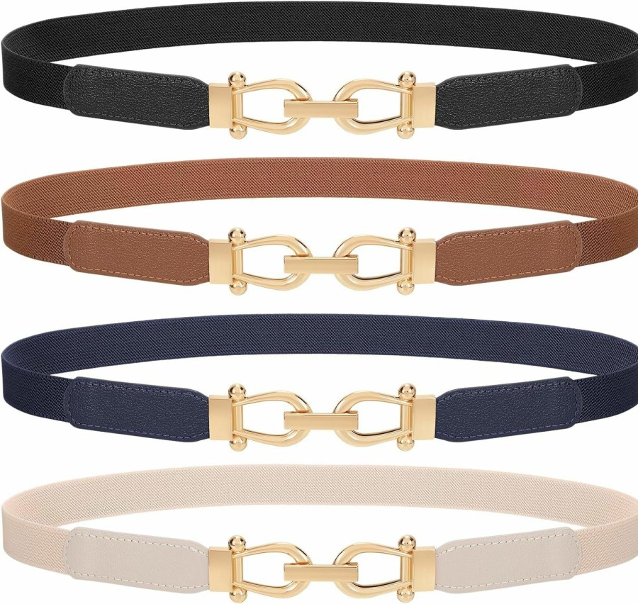 TRIWORKS 4 Pack Women'S Elastic Skinny Belt Fashion Alloy Buckle Stretchy Thin Waist Belts For Dresses | Belts