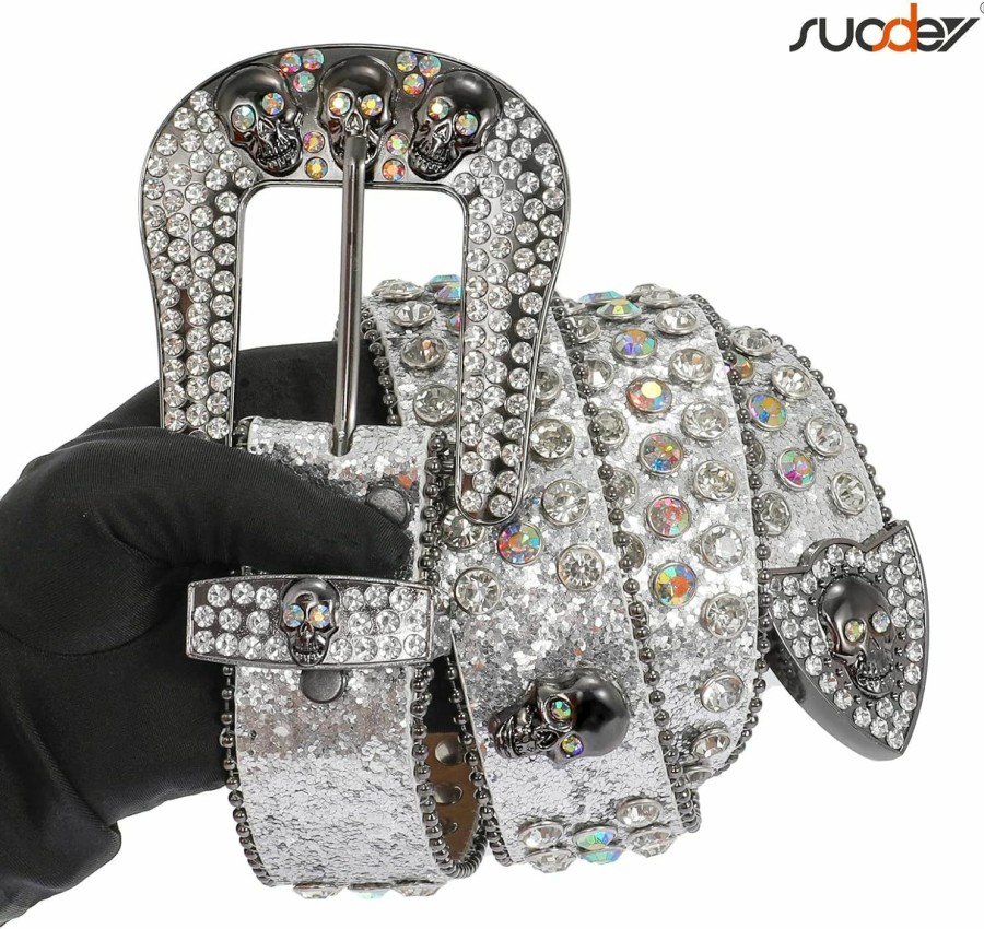 SUOSDEY Suosdey Rhinestone Skull Belt Men Women Bling Stylish Belt Punk Fashion Studded Leather Belt For Jeans Pants Jacket | Belts