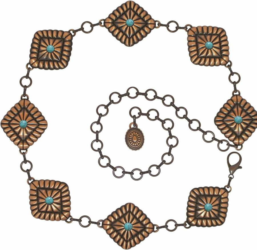 Generic Turquoise Metal Concho Belt For Women, Western Chain Belt For Ladies With Antique Copper Plating And Real Stones | Belts