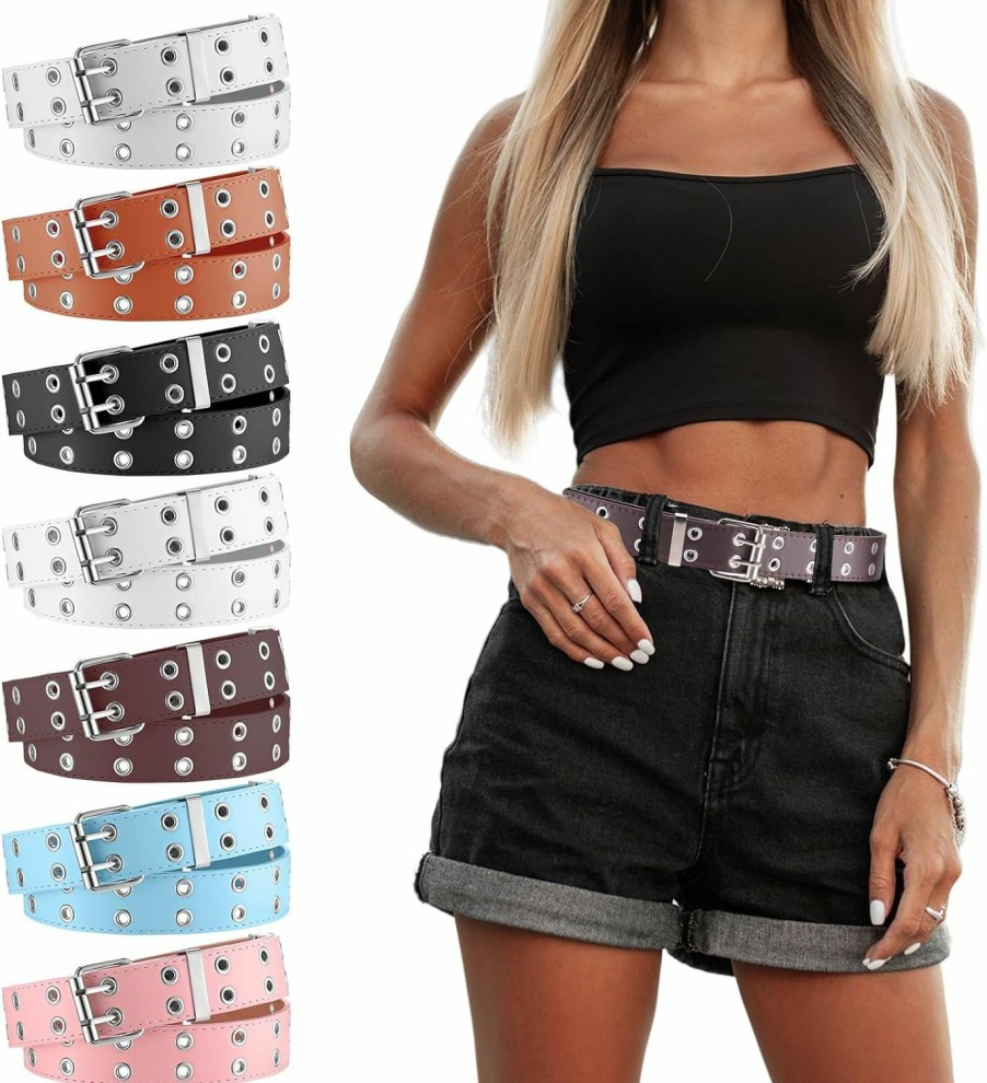 Chuarry Chuarry 7 Pcs Grommet Punk Belt Pu Leather Belts With Double Studded Holes Buckle Vintage Metal Rock Jeans Womens Belts For Women Men | Belts