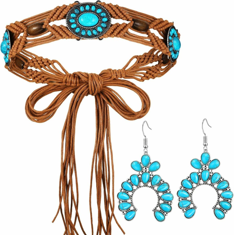 Bonuci 2 Pcs Turquoise Braid Waist Belt Bohemian Style Woven Belt And Turquoise Jewelry Western Beaded Dangle Earrings For Women | Belts