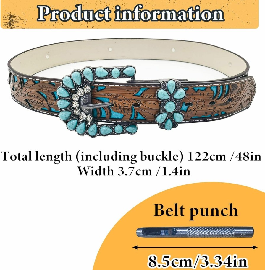 Feelorna Feelorna Western Belt For Women Men, Cowboy Cowgirl Floral Engraved Leather Belt Adjustable Brown Country Belt | Belts