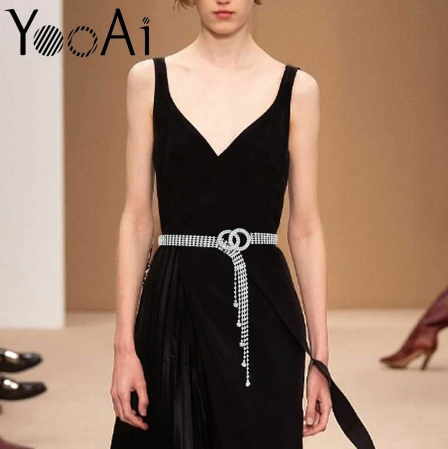 YooAi Crystal Waist Belt For Women Rhinestone Chain Belt O-Ring Waistband Belt For Dress | Belts