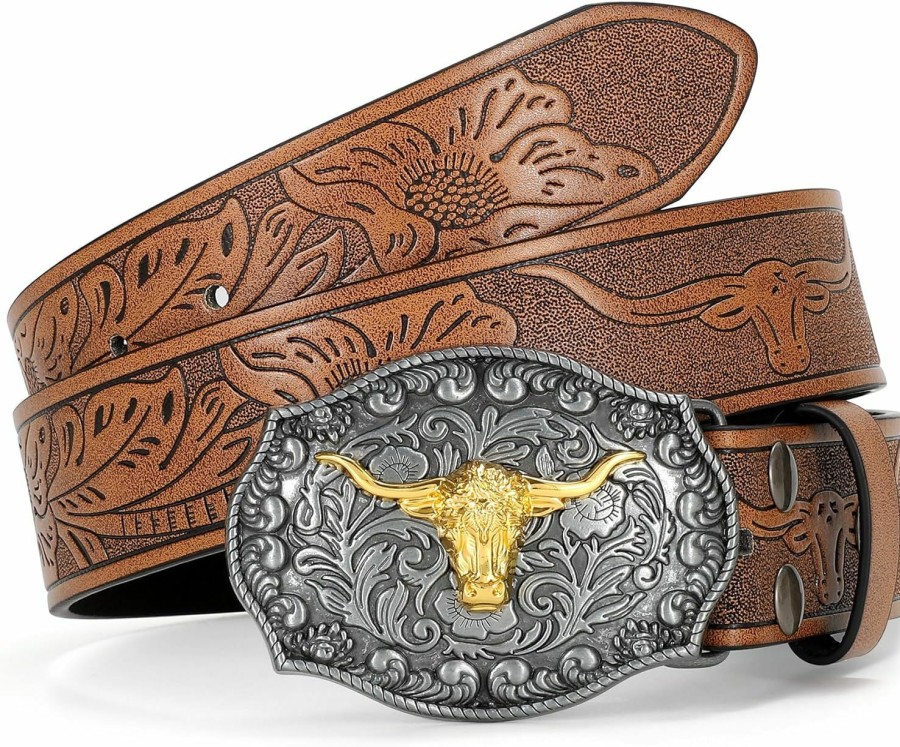 VONMELLI Vonmelli Western Leather Buckle Belt For Men Women Floral Engraved Cowboy Belt Longhorn Bull Buckle Waist Belt For Jeans | Belts