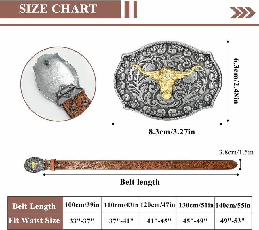 VONMELLI Vonmelli Western Leather Buckle Belt For Men Women Floral Engraved Cowboy Belt Longhorn Bull Buckle Waist Belt For Jeans | Belts