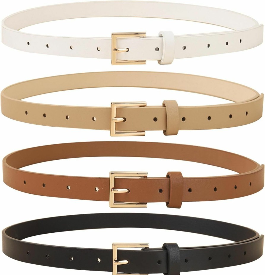 CORAID Set Of 4 Women Skinny Belts Faux Leather Thin Waist Belt With Gold Buckle For Pants Jeans Dresses Ladies | Belts