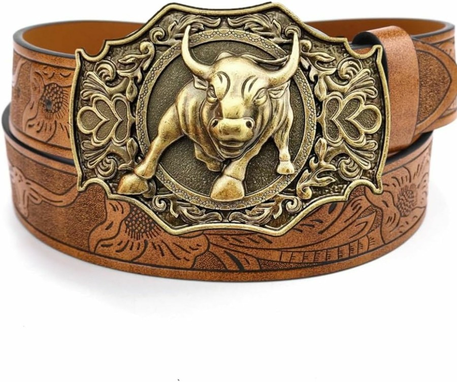 Amazon Btilasif Western Cowboy Leather Belts For Men- Longhorn Bull Pattern Floral Engraved Buckle Belts For Jeans 33" To 42" Waist | Belts