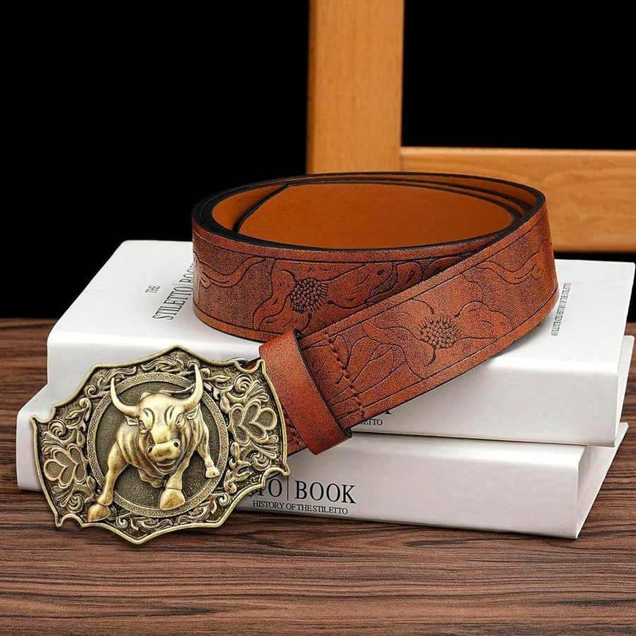 Amazon Btilasif Western Cowboy Leather Belts For Men- Longhorn Bull Pattern Floral Engraved Buckle Belts For Jeans 33" To 42" Waist | Belts