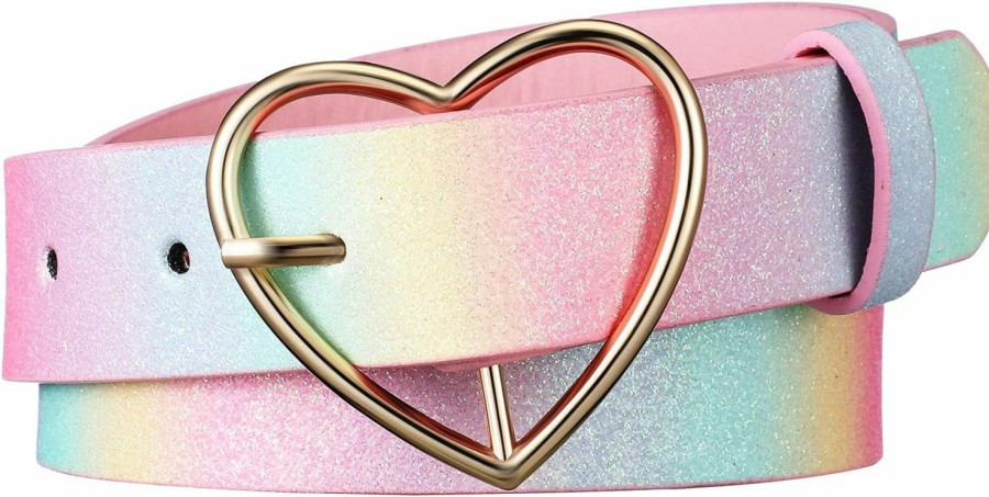 SATINIOR Satinior Rainbow Belt Pu Leather Waist Belt Women Girls Glitter Belt With Heart Buckle Adjustable Shiny Dress Belt For Jeans Dress | Belts