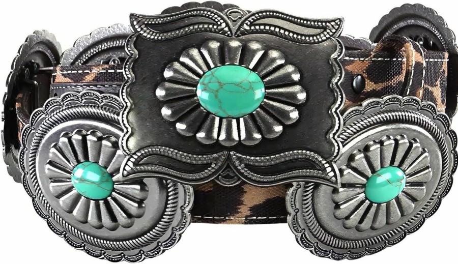 ARIAT Ariat Ladies Belt, Brown Leopard Strap, Antique Silver Oval Conchos With Turquoise, Rectangle Buckle, Sizes S-Xl | Belts