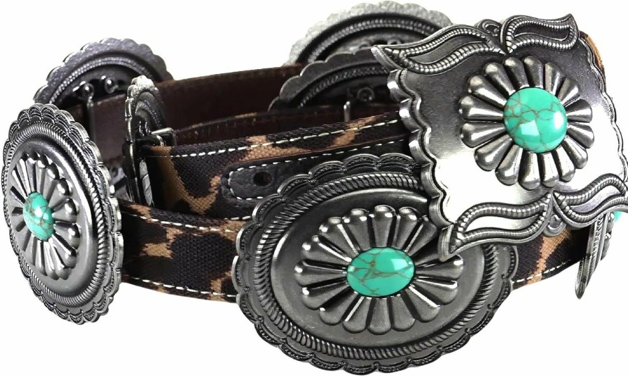 ARIAT Ariat Ladies Belt, Brown Leopard Strap, Antique Silver Oval Conchos With Turquoise, Rectangle Buckle, Sizes S-Xl | Belts