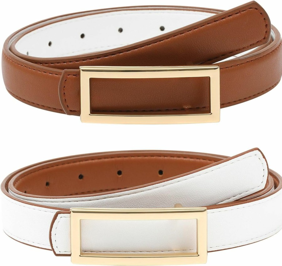 AWAYTR Awaytr Women Reversible Leather Belt - Two-In-One Women Fashion Skinny Belt For Jeans With Golden Buckle | Belts