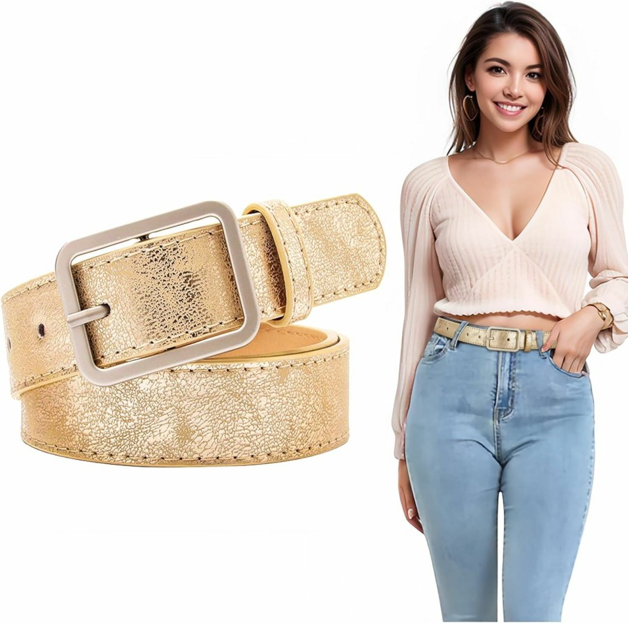 Generic Gold Belts For Women Glitter Bling Sparkly Thin Skinny Shiny Leather Gold Buckle Fancy Waist Belt,For Girls Ladies Formal Dresses Jeans | Belts