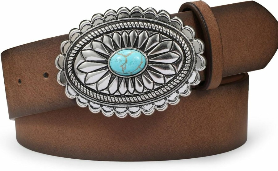 TRIWORKS Women'S Western Leather Belt Vintage Medieval Turquoise Buckle Belt Ladies Cowgirl Concho Leather Belt | Belts