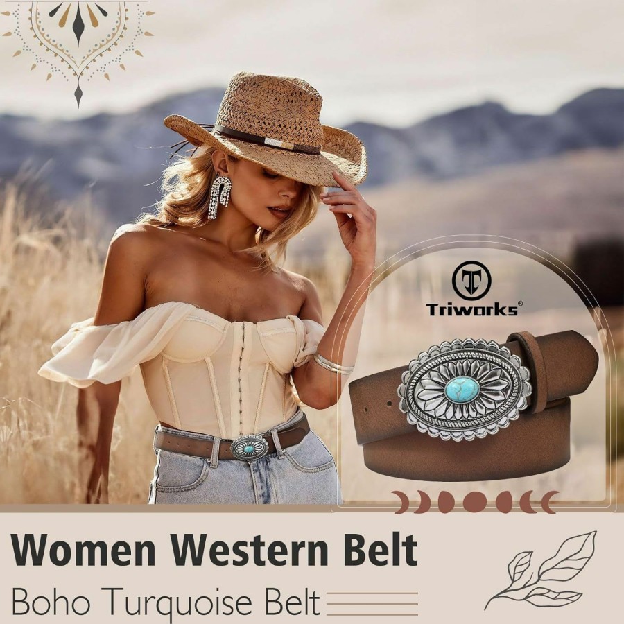 TRIWORKS Women'S Western Leather Belt Vintage Medieval Turquoise Buckle Belt Ladies Cowgirl Concho Leather Belt | Belts