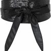 shengweiao Shengweiao Women'S Sequin Faux Leather Self Tie Wrap Obi Waist Belt (Black) | Belts