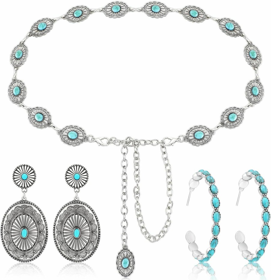 Newtay 3 Pieces Western Belts For Women Turquoise Chain Belt Turquoise Concho Belts Metal Waist Belts Silver Boho Turquoise Hoop Earrings Western Turquoise Drop Statement Post Earrings Jewelry | Belts