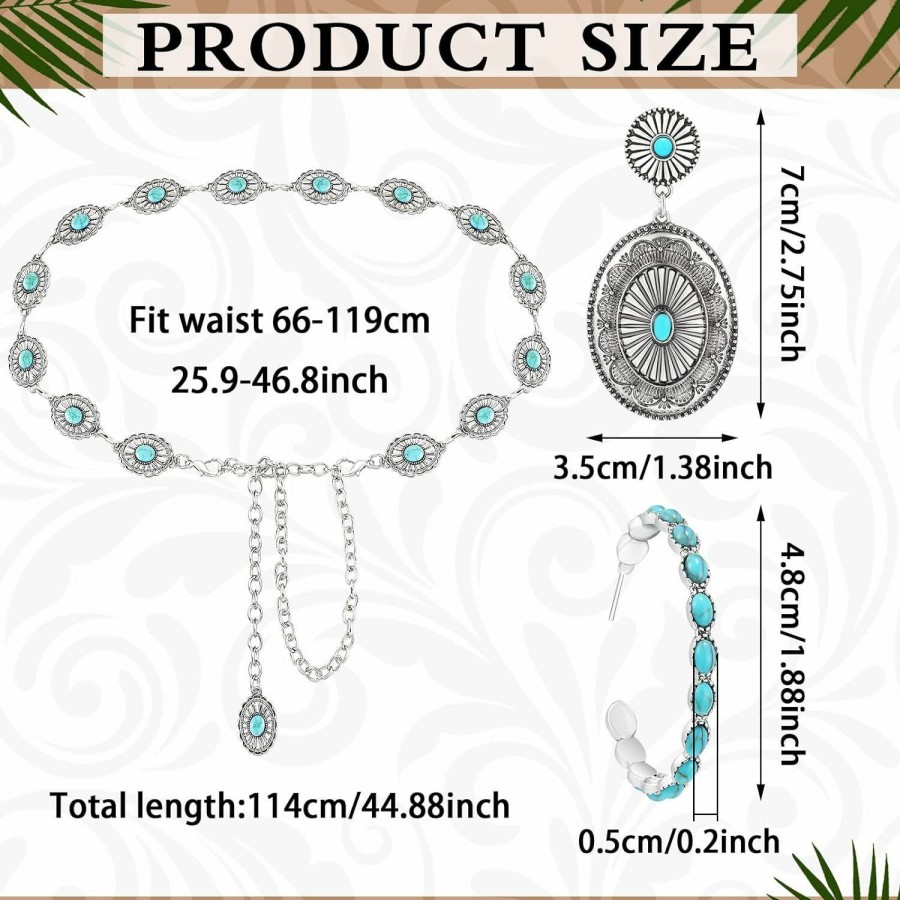 Newtay 3 Pieces Western Belts For Women Turquoise Chain Belt Turquoise Concho Belts Metal Waist Belts Silver Boho Turquoise Hoop Earrings Western Turquoise Drop Statement Post Earrings Jewelry | Belts