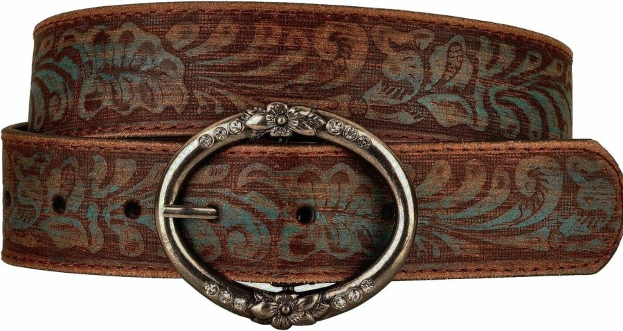 BC Belts Distressed And Embossed Brown Teal Leather Belt With Rhinestone Ring Buckle | Belts