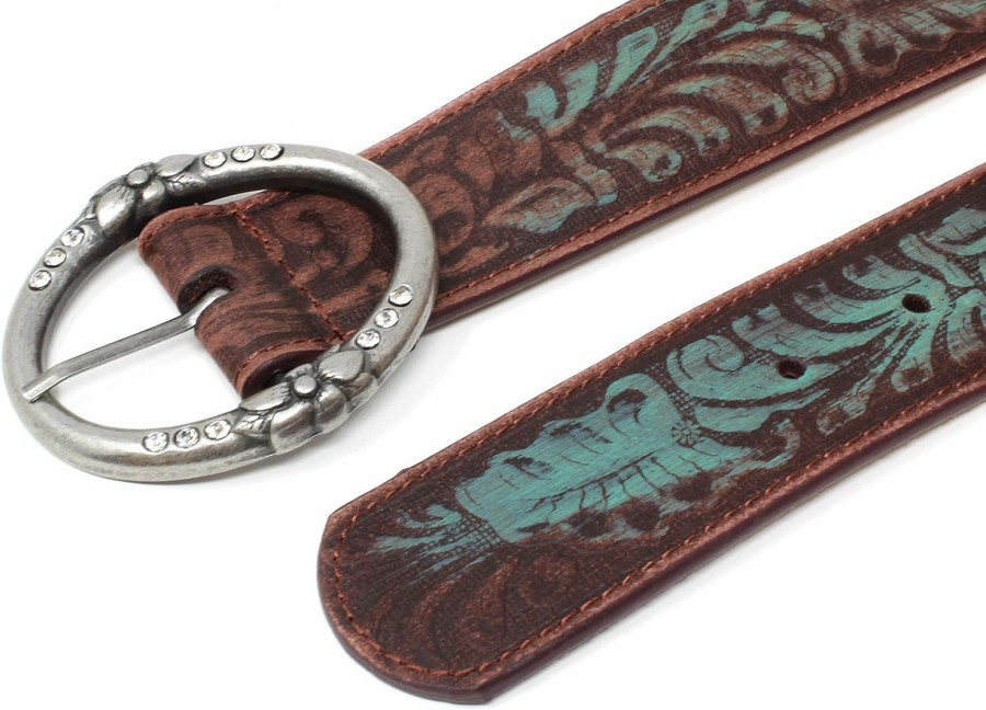 BC Belts Distressed And Embossed Brown Teal Leather Belt With Rhinestone Ring Buckle | Belts