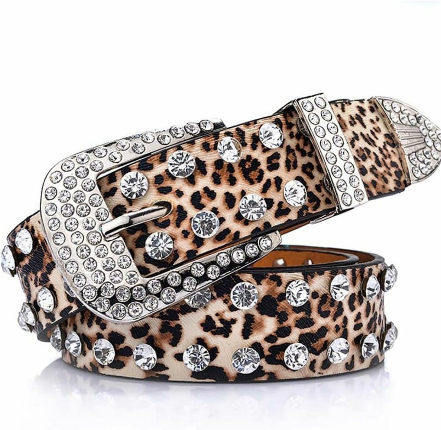 Vivilly Vivilly Leopard Rhinestone Belt For Women Western Cowgirl Bling Crystal Studded Leather Belt For Jeans Pants | Belts