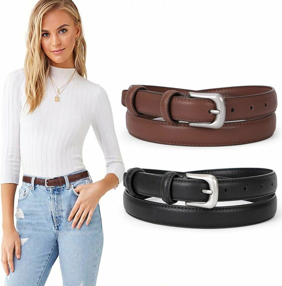 SUOSDEY Suosdey 2 Pack Womens Skinny Leather Belt Solid Color Waist Belt With Pin Buckle For Jeans Dress Pants Christmas Gift | Belts