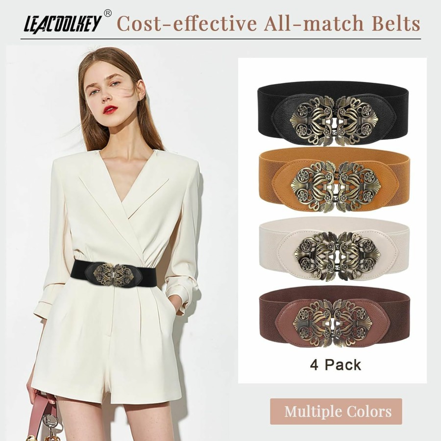 LEACOOLKEY Leacoolkey 2/3/4 Pack Women Vintage Wide Waist Belt For Dress, Elastic Cinch Belt With Retro Interlocking Buckle | Belts