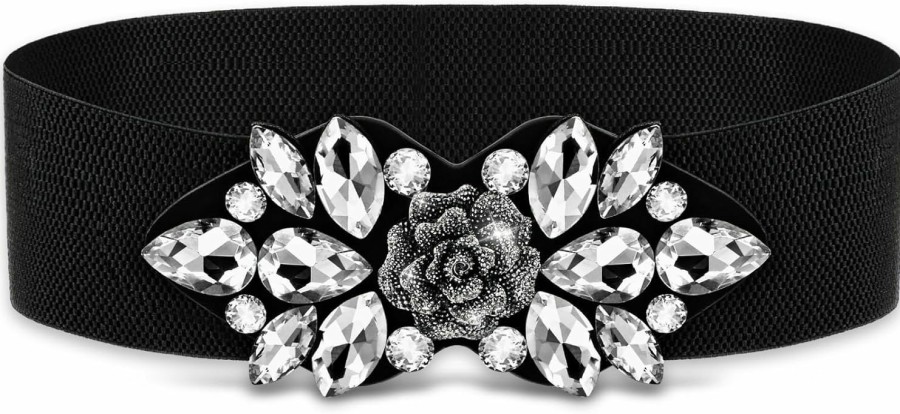 Amaxiu Elastic Rhinestone Wide Belt, Stretchy Crystal Thick Belts Vintage Flower Waistband Waist Belt For Women Girls Dresses | Belts