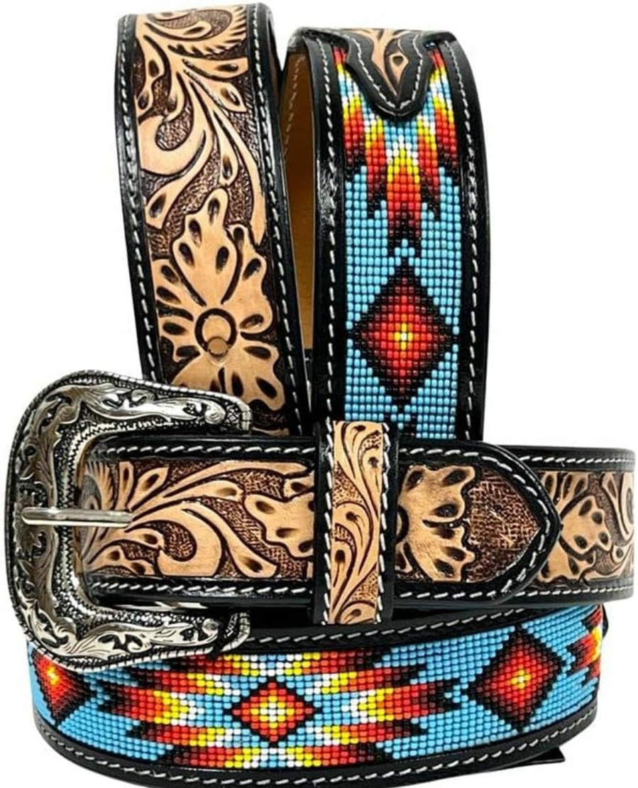 Affilare Western Tooled Leather Beaded Belt With Removable Buckle Heavy Duty 30Is103 | Belts