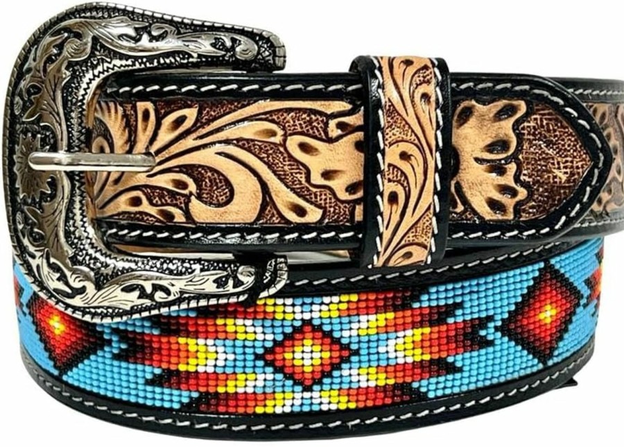 Affilare Western Tooled Leather Beaded Belt With Removable Buckle Heavy Duty 30Is103 | Belts