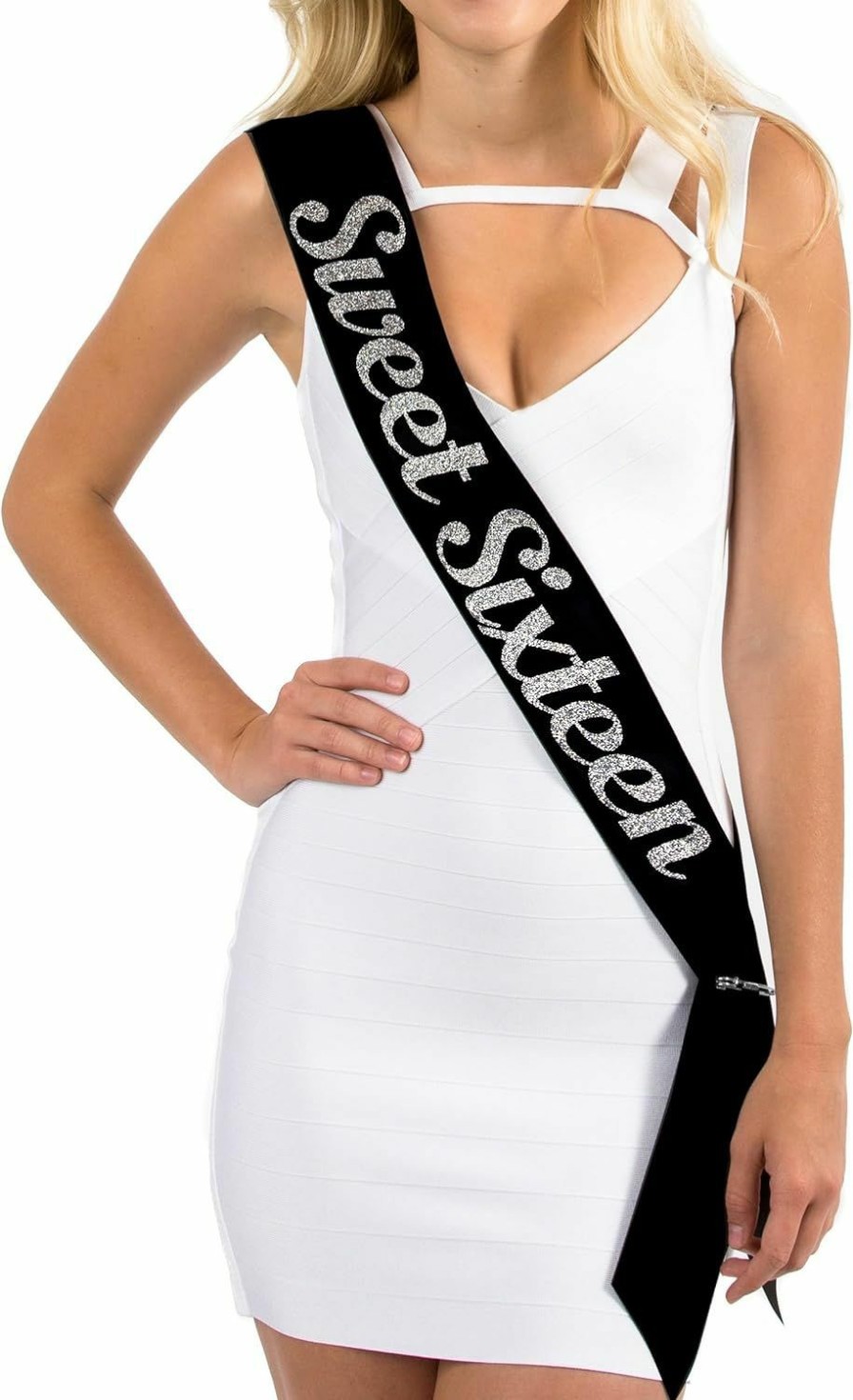 Dulcet Downtown Dulcet Downtown Black Satin Birthday Sash - Sweet Sixteen - Silver Glitter Lettering - Sweet 16Th Birthday Celebrations | Belts