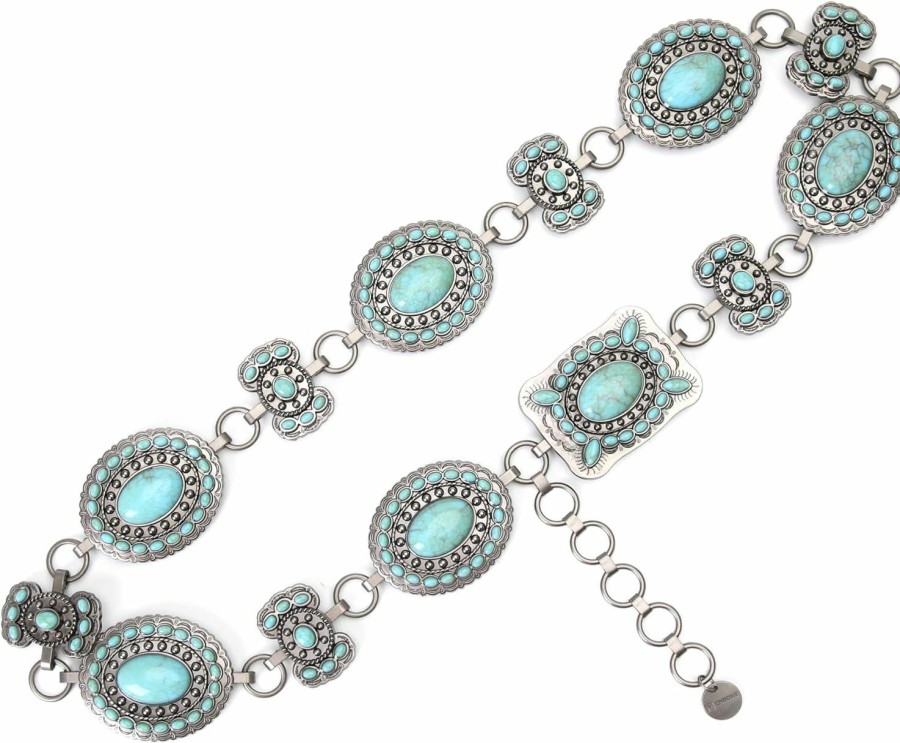 CNBOME Women'S Western Cowgirl Concho Belt Turquoise Stone Metal Chain Belt | Belts