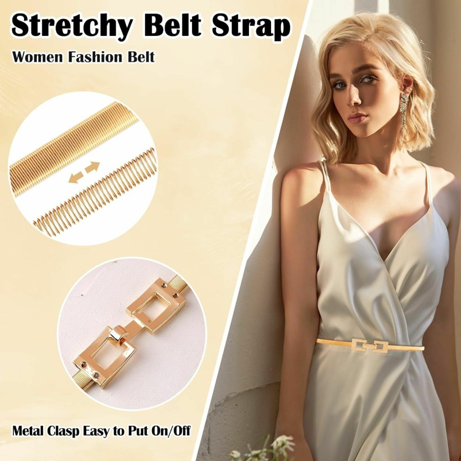 Amaxiu Amaxiu Women Skinny Metal Elastic Belt, Ladies Thin Belts Gold Silver Chain Belt Stretch Spring Waist Belt For Dresses Jeans | Belts